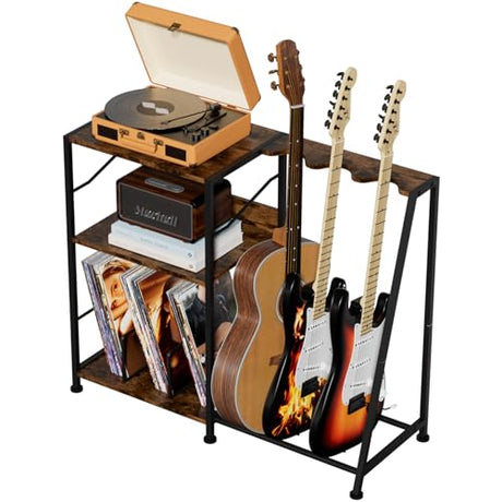 Hosfais Record Player Stand, 3 Tier Guitar Stand for Acoustic, Electric Guitar, Bass Stand, Vinyl Record Storage Up to 200 Albums, Brown Records Shelf for Living Room Bedroom (Rustic Brown) Hosfais