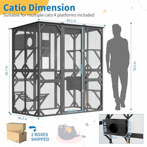 GAOMON Large Catio with Window Access, 70 Inch Outdoor Walk-in Cat Enclosure with Asphalt Roof, Scratch Post and Bridge, Catios for Cats Outdoor Patio Dark Grey GAOMON