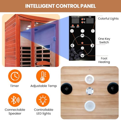 Sauna, Far Infrared Saunas for Home Room 1550W/110V Indoor Sauna for Single Person Okoume Wood Sauna Spacious 1 - 2 Person Low EMF Dry Sauna with Speakers/Air Hole and Color Lighting 39.4*35.4*74.8 IN HOSAUNA