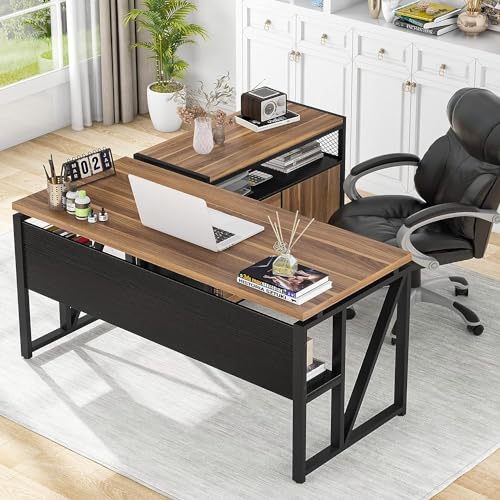 LITTLE TREE 55" Executive Computer Desk and lateral File Cabinet, L Shaped Office Desk for Home Office,Set Furniture,Walnut LITTLE TREE