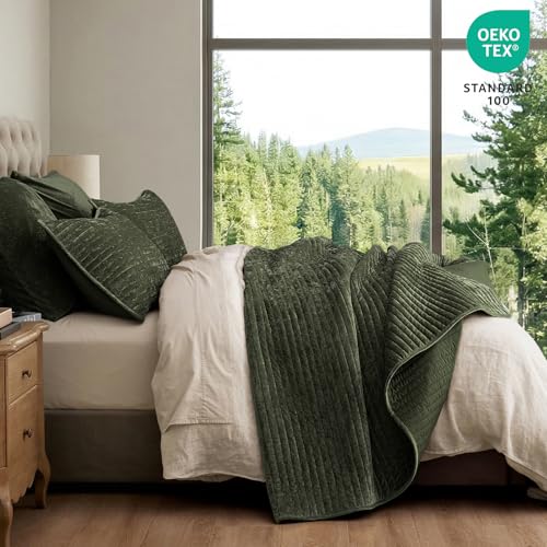 PHF Luxury Velvet Quilt Set Twin Size – 2PCS Ultra Soft Quilted Comforter Alternative with Striped Channel, Cozy Quilted Bedspread, 1 Coverlet with 1 Matching Sham, 68" x 92", Smokey Olive PHF