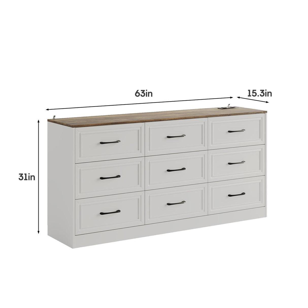 Fameill Dresser for Bedroom, 9 Drawer Wide Dresser Organizer with Charging Station, Tall Dresser for Hallway, Wood Dresser with Metal Handles, Farmhouse White Fameill