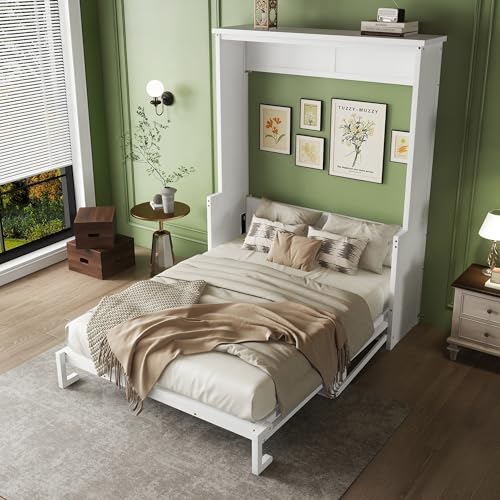 Ball & Cast Queen Size Murphy Bed W/Desk,Horizontal Hidden Wall Bed W/Gas Struts,Space-Saving Murphy Bed Cabinet for Home Office,Apartment,Guest Room,White Ball & Cast