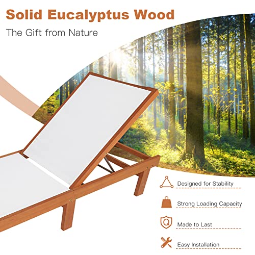 Tangkula Outdoor Wood Chaise Lounge Chair, Patio Chaise Lounger with 5-Postion Adjustable Back, Eucalyptus Wood Reclining Lounge Chair with Breathable Fabric for Poolside Lawn Backyard (1, Wh - WoodArtSupply