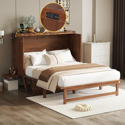 Ball & Cast Murphy Bed Full W/Desk & 2 Removable Shelves,Cabinet Bed W/ 2 USB Port & Power Outlets,Hidden Foldable Wall Bed Frame for Home Office,Apartment,Guest Room,Walnut Ball & Cast