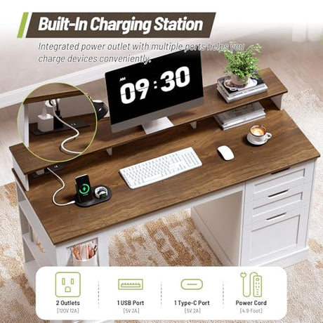 STHYTON 55inch Farmhouse Executive Desk with 2 Drawers and File Cabinet, Computer Desk with 3-Tier Storage Shelves, Home Office Desk with Charging Station, Pegboard and Monitor Shelf, White and Walnut STHYTON