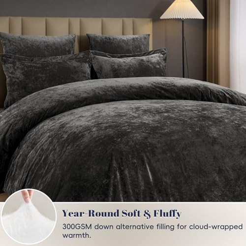 PHF Crushed Velvet Comforter Set King Size, 5-Piece Luxury Winter Bedding Sets with 2 Euro Shams, Heavyweight Warm Fluffy Velvet Bed Spread, Glam Home Decor, Grey PHF