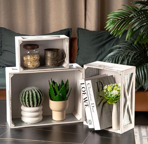Set of 3 Nesting Wooden Crates, Rustic Wooden Storage Container Boxes with Cutout Handles, Decorative Farmhouse Wood Baskets for Display, Barn Door (Whitewash) Venalys