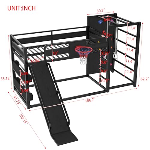 SOFTSEA Twin Size Gaming Loft Bed with Slide, Heavy Duty Metal Loft Bed with Basketball Hoop, Climbing Wall & Pull Up Rings for Kids Teens Adults, No Noise, Black SOFTSEA