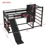 SOFTSEA Twin Size Gaming Loft Bed with Slide, Heavy Duty Metal Loft Bed with Basketball Hoop, Climbing Wall & Pull Up Rings for Kids Teens Adults, No Noise, Black SOFTSEA