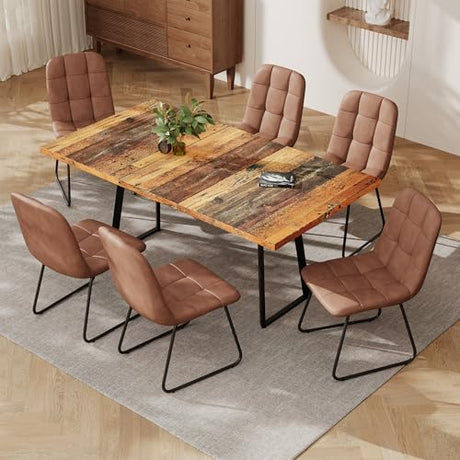 ZckyCine Extendable Dining Table Set 47"-63", Rustic Wood Table with 6 PU Leather Chairs, Modern Scandinavian Dining Room Furniture for Kitchen Apartment ZckyCine