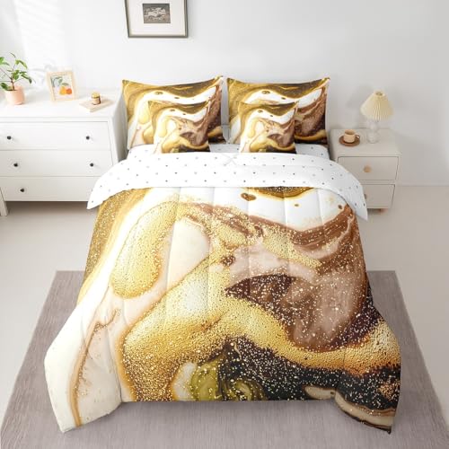 Erosebridal Comforters King Size Set with Sheets for Kids Gold White Marble Bedding,7 Pieces Bed in a Bag King Modern Bedding Sets with Comforter, Sheets, Pillowcases and Cushion Cases Erosebridal