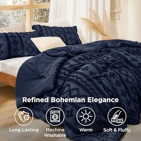 Bedsure Tufted Boho Comforter Set King Size - Navy Boho Bed Set, GentleSoft™ 3 Pieces Farmhouse Shabby Chic Embroidery Bedding, Gifts for Woman, Soft Jacquard King Comforter for All Seasons Bedsure