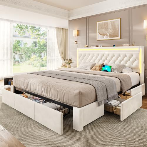 BTHFST King Upholstered LED Bed Frame with 5 Drawers, Velvet Hidden Storage Headboard with Charging Station, Button Tufted Headboard and Heavy Duty Metal Slats Support, No Box Spring Needed, Beige BTHFST