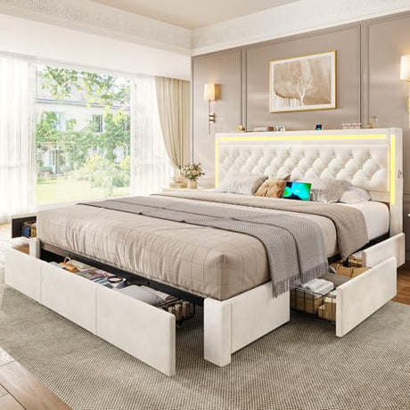 BTHFST King Upholstered LED Bed Frame with 5 Drawers, Velvet Hidden Storage Headboard with Charging Station, Button Tufted Headboard and Heavy Duty Metal Slats Support, No Box Spring Needed, Beige BTHFST