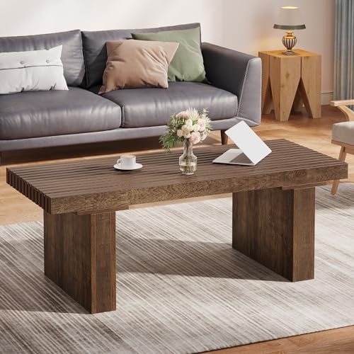 Tribesigns Rectangle Coffee Table: 47.24-Inch Wood Modern Coffee Table Cocktail Table for Living Room, Farmhouse Coffee Table Center Table Tea Table with Slat Tabletop, Rustic Brown Tribesigns