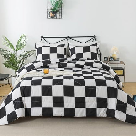 Caressma Black White Comforter Set Twin Size, Checkered Plaid Comforter Bedding Set, Fluffy Grid Plaid Comforter Home Decor for All Seasons Caressma