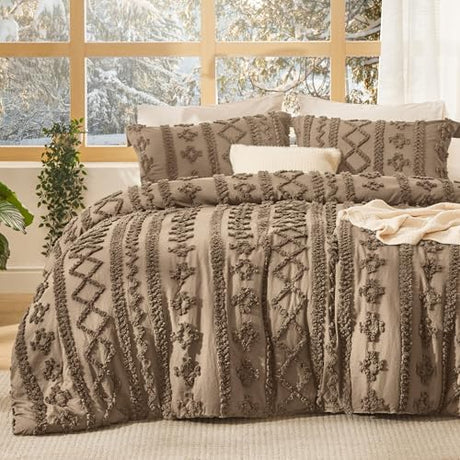 Bedsure Tufted Boho Comforter Set California King Size - Light Brown Boho Bed Set, GentleSoft™ 3 Pieces Farmhouse Shabby Chic Embroidery Bedding, Gifts for Woman, Jacquard Comforter for All Seasons Bedsure