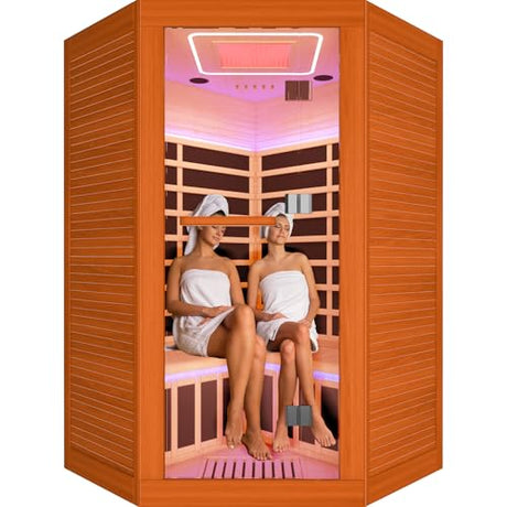 OUTEXER 2-3 Person Sauna Corner Sauna Far Infrared Saunas Room Home Canadian Hemlock Indoor 2100W Low-EMF Dry Saunas with Red Light Therapy Beauty Lamp 47.2 * 47.2 * 74.8inch OUTEXER