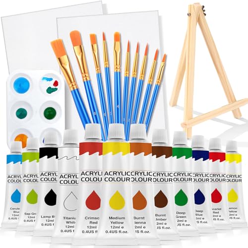 ESRICH 26PCS Acrylic Paint Set with 12Colors Acrylic Paints (12ml, 0.4 oz), 10 Paint Brushes, 2Canvas, 1 Wood Easel, 1 Plate, Painting Supplies Kits for Kids, Adults, Artists and Beginners - WoodArtSupply