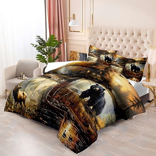 LUVIVIHOME 3PCS Black Bear Deer Comforter Set King Size, Elk Moose Mallard Duck Woodland Forest Animal Wildlife Hunting Camo Hunter Country Lodge Rustic Farmhouse Cabin Bedding Sets, 2 Pillow Shams LUVIVIHOME