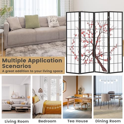 GOFLAME Japanese Style 4 Panel Room Divider, 6ft Folding Shoji Screen Room Partition with Plum Blossom Design, Solid Wood Frame, Freestanding Wall Divider, Indoor Room Separator for Home Office GOFLAME