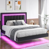 HOMBCK Floating Bed Frame Full with Smart LED Lights, Faux Leather Upholstered Bed Frame Full with Diamond Headboard, No Box Spring Needed, Noise Free, Easy Assembly, Black HOMBCK