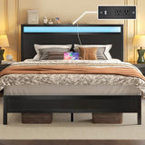 Fluest Queen Bed Frame with Headboard & Footboard, Bed Frame with Built-in Charging Station & LED Light, Storage Shelf, Noise-Free, No Box Spring Needed, Easy Assembly, Classic Black Fluest