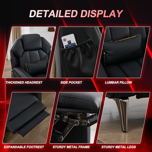 URRED Gaming Recliner Chair with LED Lights, Ergonomic Video Game Reclining Chair with Footrest, Lumbar Pillow, Side Pocket, Home Theater Recliner for Living Room, Bedroom, Gaming Room (Black)