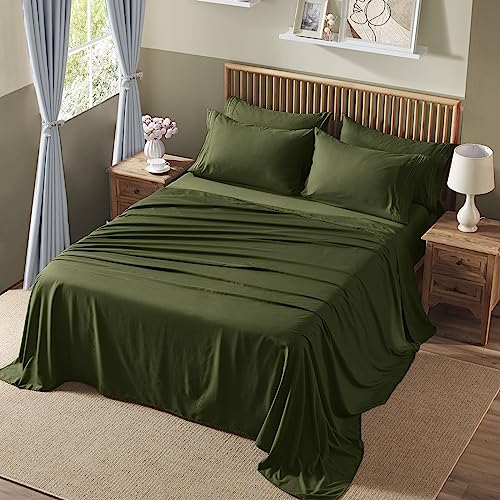 Homiest Extra Deep Pocket King Size Sheets Set, 6 Pieces Soft Olive Green Sheets 18-24 Inch Deep Pocket Bed Sheets, Hotel Luxury 1800 Thread Count Microfiber Bed Set Fits Ultra Deep Mattress Homiest
