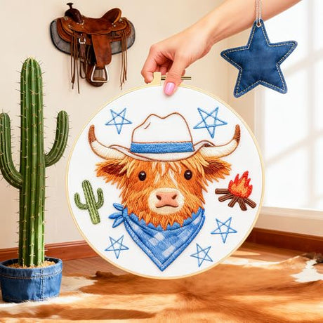 BEUNITONE 4 Set Embroidery Kit for Beginners, Animal Cowboy Patterns Cross Stitch Kits, Needlepoint Kits for Adults with Hoop, Cute Hand Embroidery Patterns for Cloth and Home Decor BEUNITONE