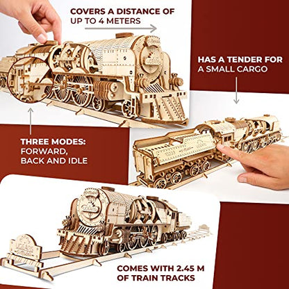 UGEARS 3D Puzzles for Adults - V-Express Steam Train with Tender Idea- 3D Wooden Puzzle Model Kits for Adults and Teens Building Kit Wooden Model Kits - WoodArtSupply