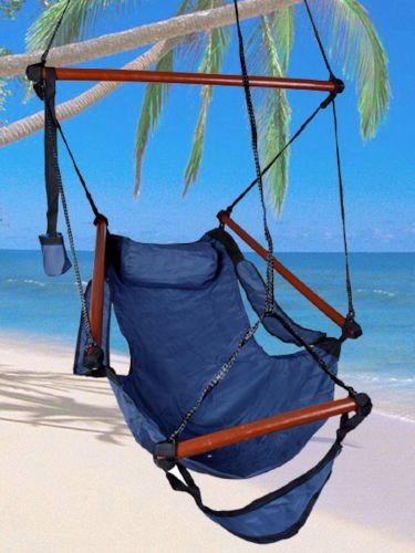 Blue Hanging Rope Hammock Deluxe Chair Air Swing Outdoor Tree Solid Wood 250lbs Hammocks