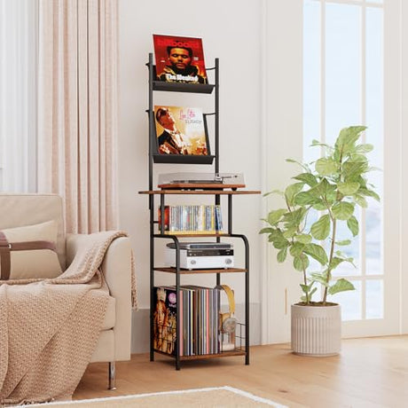 Homsorout Record Player Stand with Vinyl Storage - 6-Tier Turntable Table with Adjustable Feet, Metal & Wood Cabinet - Console Organizer Display Shelf for Living Room, Apartment Homsorout