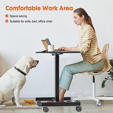 Sweetcrispy Small Mobile Rolling Standing Desk - Overbed Table, Mobile Portable Rolling Laptop PC Table with Locking Wheels, Adjustable Height Computer Workstation for Home Office, 19 Inch, Black Sweetcrispy