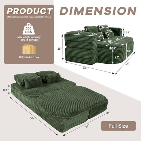 IZLKQC 75'' Folding Sleeper Sofa Bed, Convertible Memory Foam Boneless Couch, Foldable Full Size Guest Bed, Modern 2-in-1 Futon Floor Sleeper Sofa with 4 Pillows and Blanket (Corduroy, Green) IZLKQC
