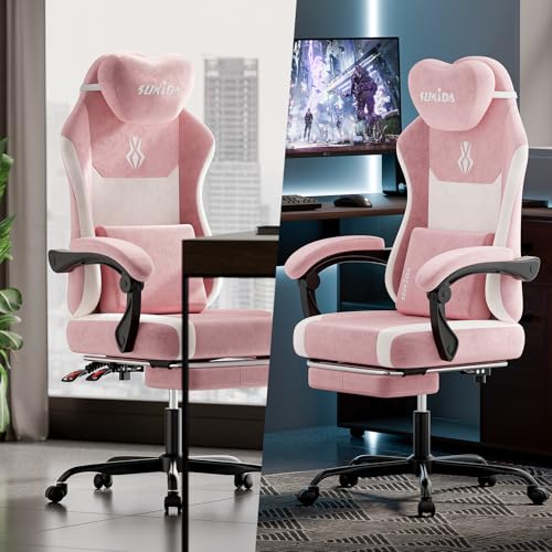 SUKIDA Plush Fabric Gaming Executive Office Chair, Ergonomic High-Back Computer Desk Chair with Large Adjustable Lumbar Support, Headrest and Linked Armrests for Long Hours Sitting Task Chair, Pink SUKIDA
