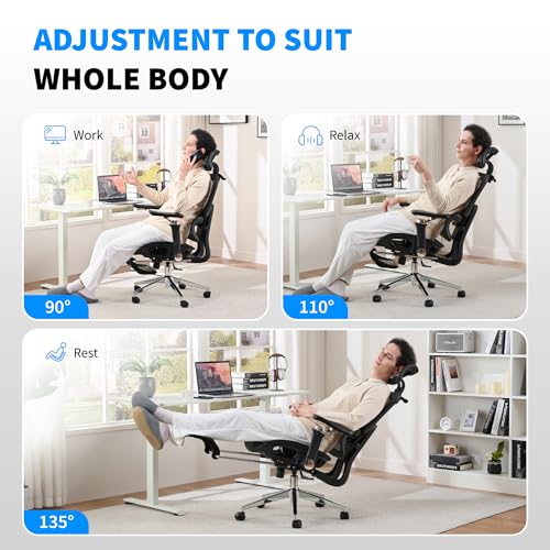 hujusko Mesh Ergonomic Office Chair with 6D Armrests,High Back Mesh Gaming Chair with Lumbar Support,Adjustable 3D Headrest for Home Office Desk Chair(Executive, Black) hujusko
