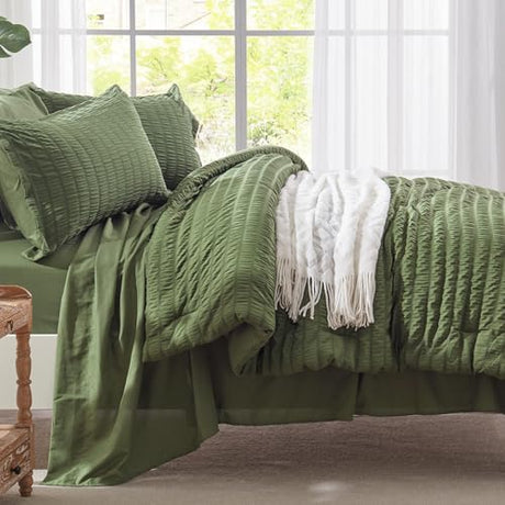 Zzlpp Twin Comforter Set 5 Pieces, Olive Green Seersucker Bed in a Bag with Comforter and Sheets, All Season Bedding Sets with 1 Comforter, 1 Pillow Sham, 1 Pillowcase, 1 Flat Sheet, 1 Fitted Sheet Zzlpp