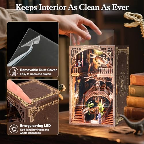 VkotaVkoty [2026 New] Dinosaur Museum Book Nook Kit with Dust Cover & LED Light, DIY Miniature House Kit Toy, 3D Wooden Puzzle Bookshelf Decor Building Kit, Birthday Gifts for Family & Friends