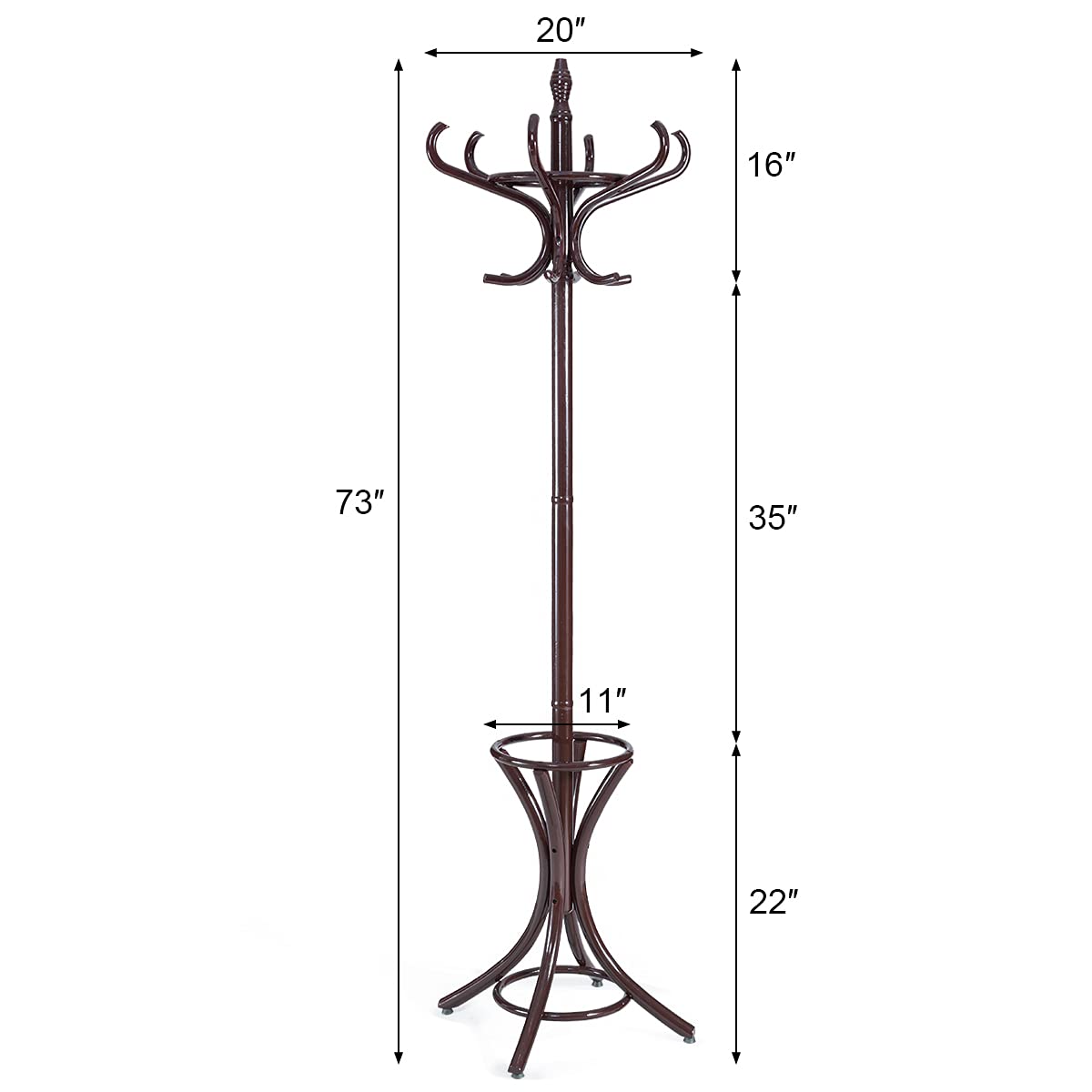 GOFLAME 73" Coat Rack Freestanding, Wooden Coat Tree with 12 Hooks and Umbrella Stand, Entryway Hall Tree, Hat Hanger Organizer, Coat Rack Stand for Coats, Hats, Scarves, Bags, Easy Assembly, Brown