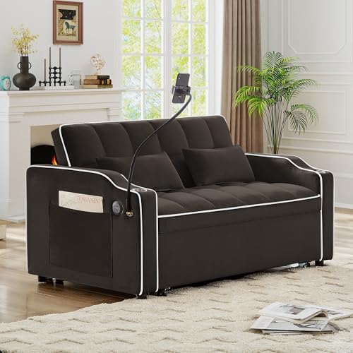 3-in-1 Convertible Loveseat Sleeper Sofa with Cup Holders & Phone Holder, Futon Couch with Pull Out Bed and Adjustable Backrest, Modern Velvet Chaise Lounge for Living Room Bedroom (Brown, 54.7") SLEERWAY