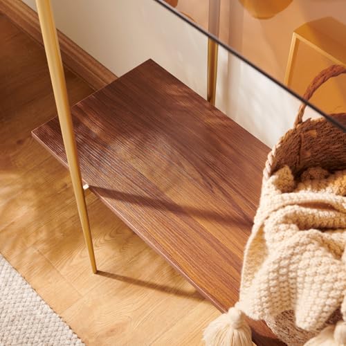 AGV 202401 2-Tier Glass Wood Console Table, Mid-Century Modern Style, Perfect for Living Room, Entryway, Foyer, D41×H31.5, Amber Glass Top & Walnut Wood Top & Gold Finish Metal Frame AGV LIGHTING