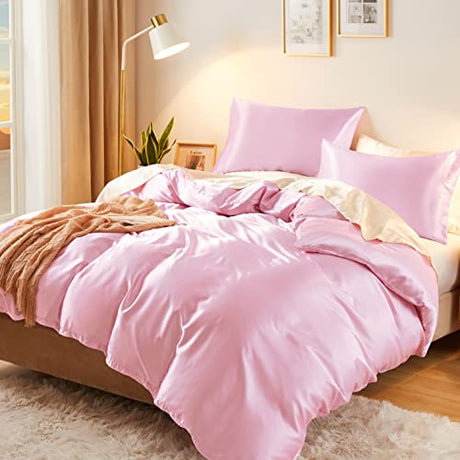 Vonty 3-Piece Silky Satin Duvet Cover Set Full/Queen Size Duvet Cover, Organic Natural 400TC Pink Duvet Cover Set - Luxury & Sexy Bedding Duvet Covers with Zipper Closure(No Comforter) Vonty