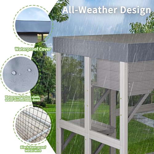 Outdoor Wooden Catio Cat House,Large Cat Enclosure with 6 Platforms,2 Napping Houses & Removable Waterproof Roof,Solid Wood Playpen Cage for Multiple Cats,Secure & Walk-in Design,70.5" H Gray GDFStudio