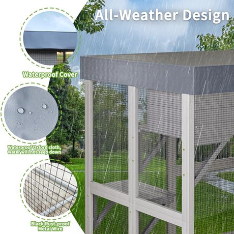 YOPTO 70.5" H Catio Outdoor Cat Enclosure,Cat House with Waterproof Roof and Large Enter Door,Wooden Shelter W/ 6 Jumping Platforms & 2 Napping Houses,Cats Cage for Walk in Kitten Kennel,Gray YOPTO