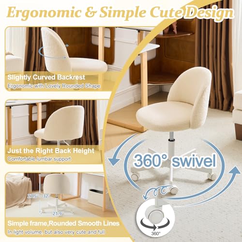 VINGLI Candy Chair Armless Cute Desk Chair,Comfy Small Office Chair with Wheels,Vanity Chair Lumbar Support,Teddy Adjustable Rolling Swivel Computer Task Chair for Home Office,Bedroom,Creamy Beige VINGLI