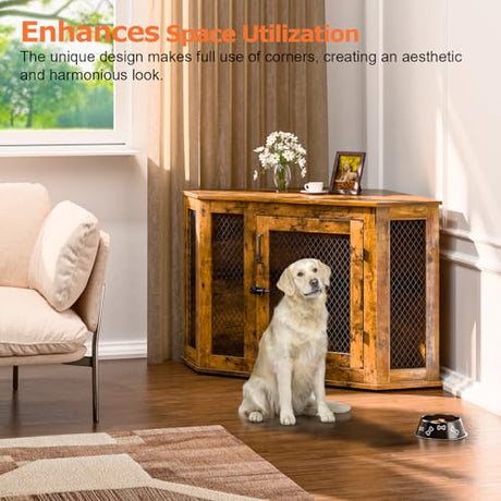 VENDORZ Corner Dog Crate Furniture, 52" Wooden Dog Kennel Furniture End Table with Mesh, Dog Kennel Indoor Furniture for Small Medium Large Dogs, Modern Decorative Wood Pet House Dog Cage Crate, Brown VENDORZ