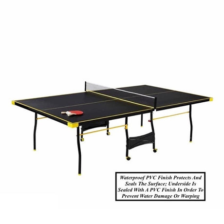 Black Yellow Folding Rolling Table Tennis Table Indoor Ping Pong Table with 2 Paddles 2 Balls 1 Net and Post Set 4 Wheels for Easy Movement Perfect Christmas New Year Holiday Season Gifts WoodArtSupply