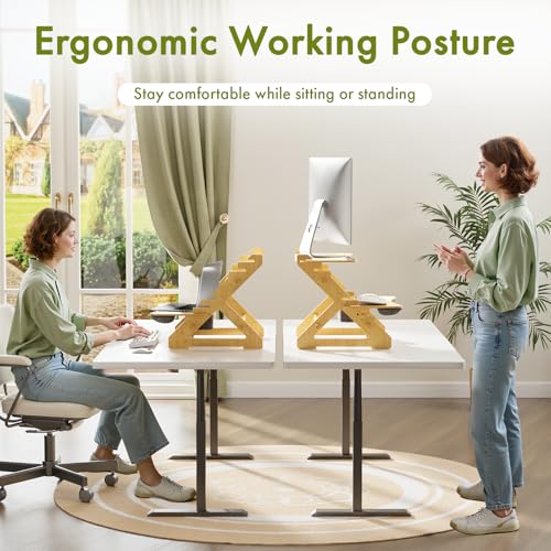 Amazer Standing Desk Converter, 22 inch Bamboo Small Sit Stand Up Desk Riser with Lap Desk Computer Desktop Desk Converter for Monitor and Laptop with Keyboard Tray Amazer